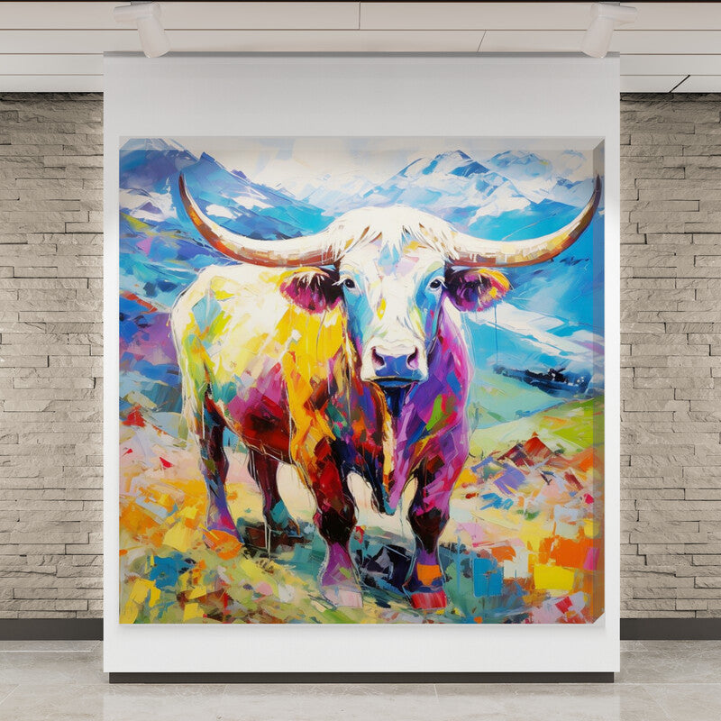 Colourful Paint Stoke Effect Highland Cow Canvas Scottish Wall Art Bright - Love By Canvas