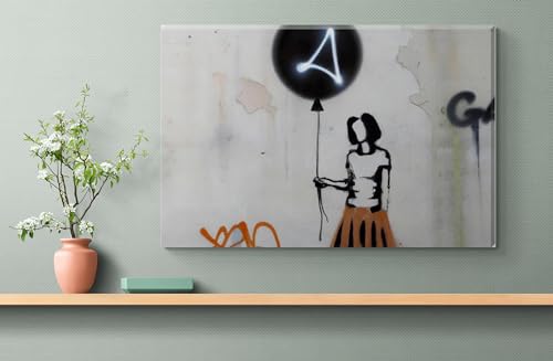 Inspired By Banksy Concrete Effect Girl With Black Balloon Graffiti Art Wall Canvas 26" x 20" - Love By Canvas