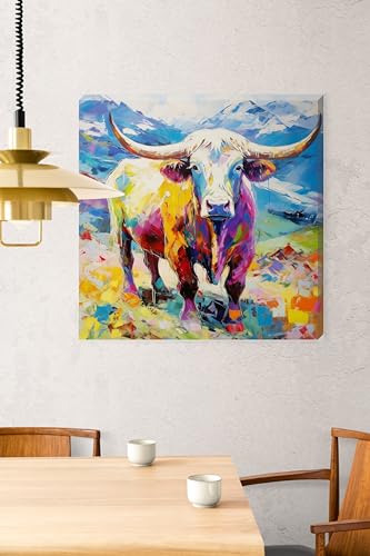 Colourful Paint Stoke Effect Highland Cow Canvas Scottish Wall Art Bright - Love By Canvas
