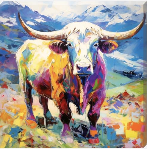 Colourful Paint Stoke Effect Highland Cow Canvas Scottish Wall Art Bright - Love By Canvas