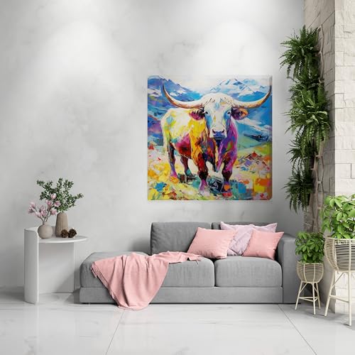Colourful Paint Stoke Effect Highland Cow Canvas Scottish Wall Art Bright - Love By Canvas