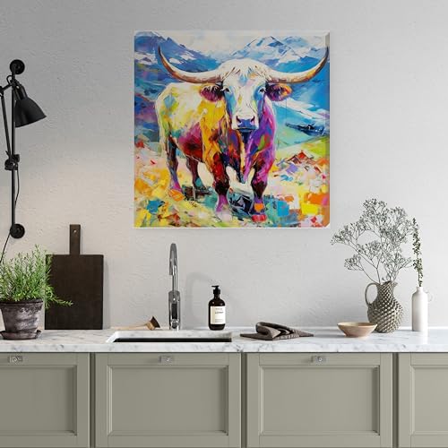 Colourful Paint Stoke Effect Highland Cow Canvas Scottish Wall Art Bright - Love By Canvas