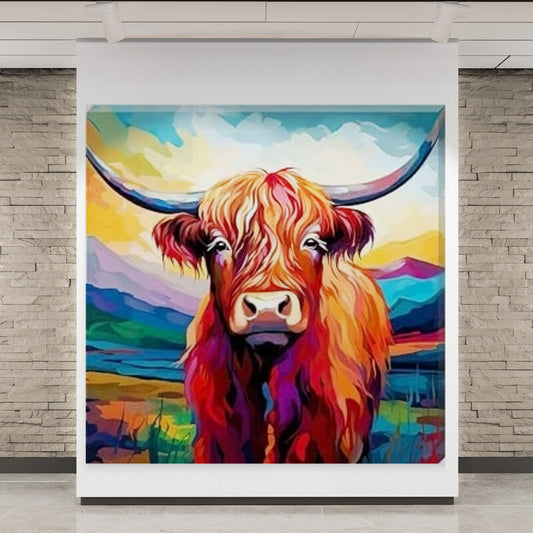 Colour Splash Grazing Highland Cow In Field Canvas Scottish Wall Art Bright Picture - Love By Canvas