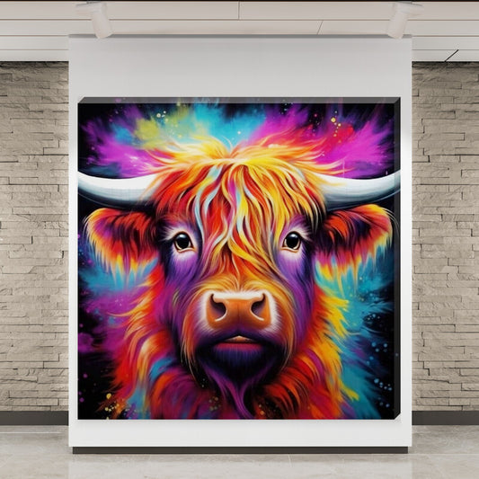 Colour Splash Arty Highland Cow Canvas Scottish Wall Art Bright Picture - Love By Canvas