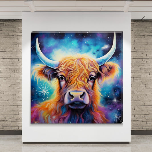 Colourful Starlight Highland Cow Canvas Scottish Wall Art Bright - Love By Canvas