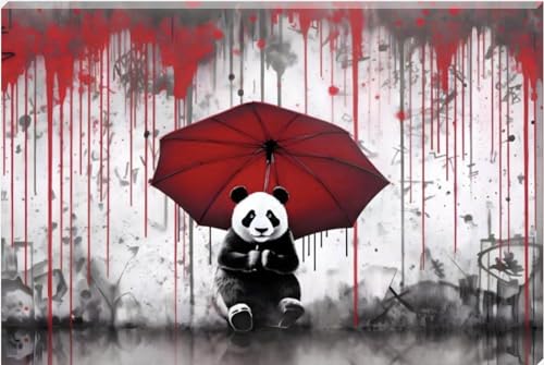 Inspired By Banksy Red Umbrella Panda Graffiti Art Wall Canvas 26" x 20" - Love By Canvas