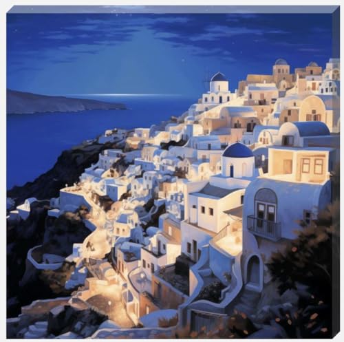 DDW Santorini At Night Wall Art Canvas, perfect for bedrooms/Bathrooms/Kitchens and to add a touch to your space in any room! 16" x 16" in size. - Love By Canvas